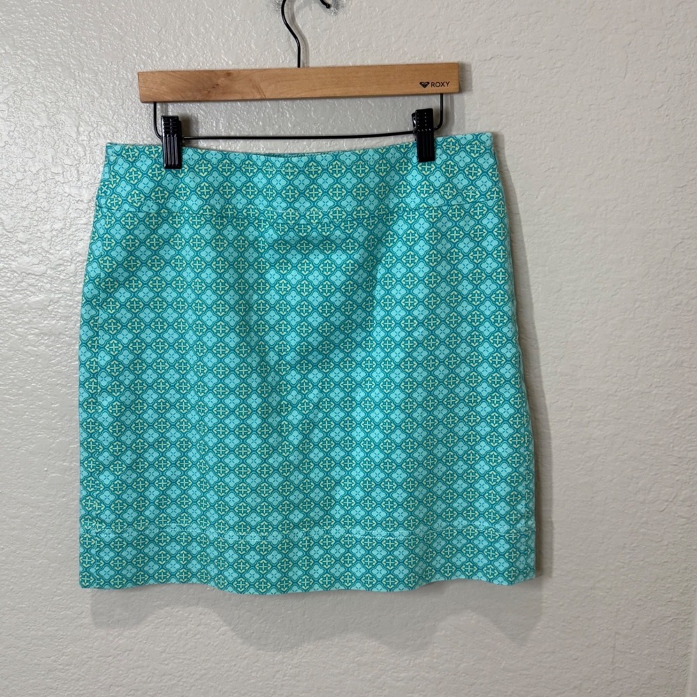 Talbots Pencil Skirt 6 Turquoise Green Geometric Medallion Preppy Coastal